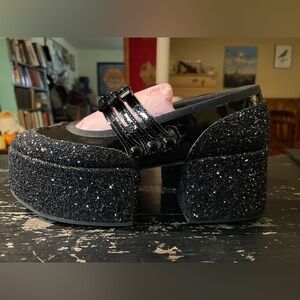 Repetto Noir Kei Ninomiya Black Patent Glitter Platform Mary Jane’s